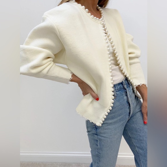 Commense Pearl Trim Ripped Hem Cardigan - Picture 3 of 7